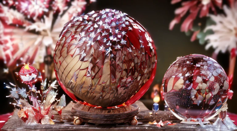 (best quality,4k,8k,highres,masterpiece:1.2),ultra-detailed,(realistic,photorealistic,photo-realistic:1.37), ultra-detailed, Brown and red bird, (realistic:1.5), (Three-dimensional Birthday fireworks trapped in a crystal ball with a pedestal on a table:1.7)Birthday Background, New Years background