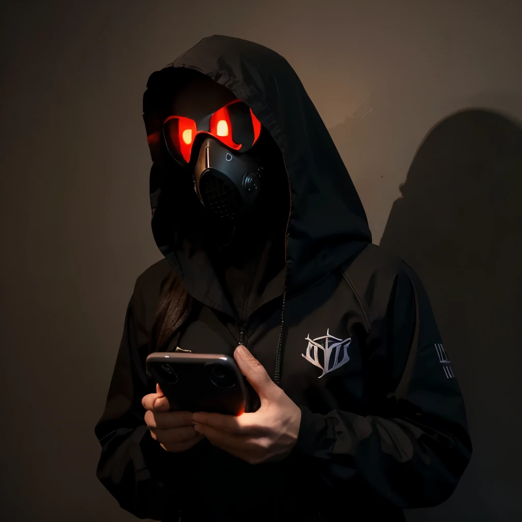 strong man athletic hood and gas mask  (smartphone) (square sunglasses), preto metalizado (cabelo curto), expression of strength, Standing, musculoso, forte,  floresta para (visitas sala) with runes drawn on the walls in red color many black candles telling the time on futuristic clock holding smartphone mushrooms and toadstools floating dark moon LEDs dark night,  alto contraste, roupa preta logos cinza (Arabic letters) magia flutuando fractais magia vapores flutuantes vagalumes noite fogueira