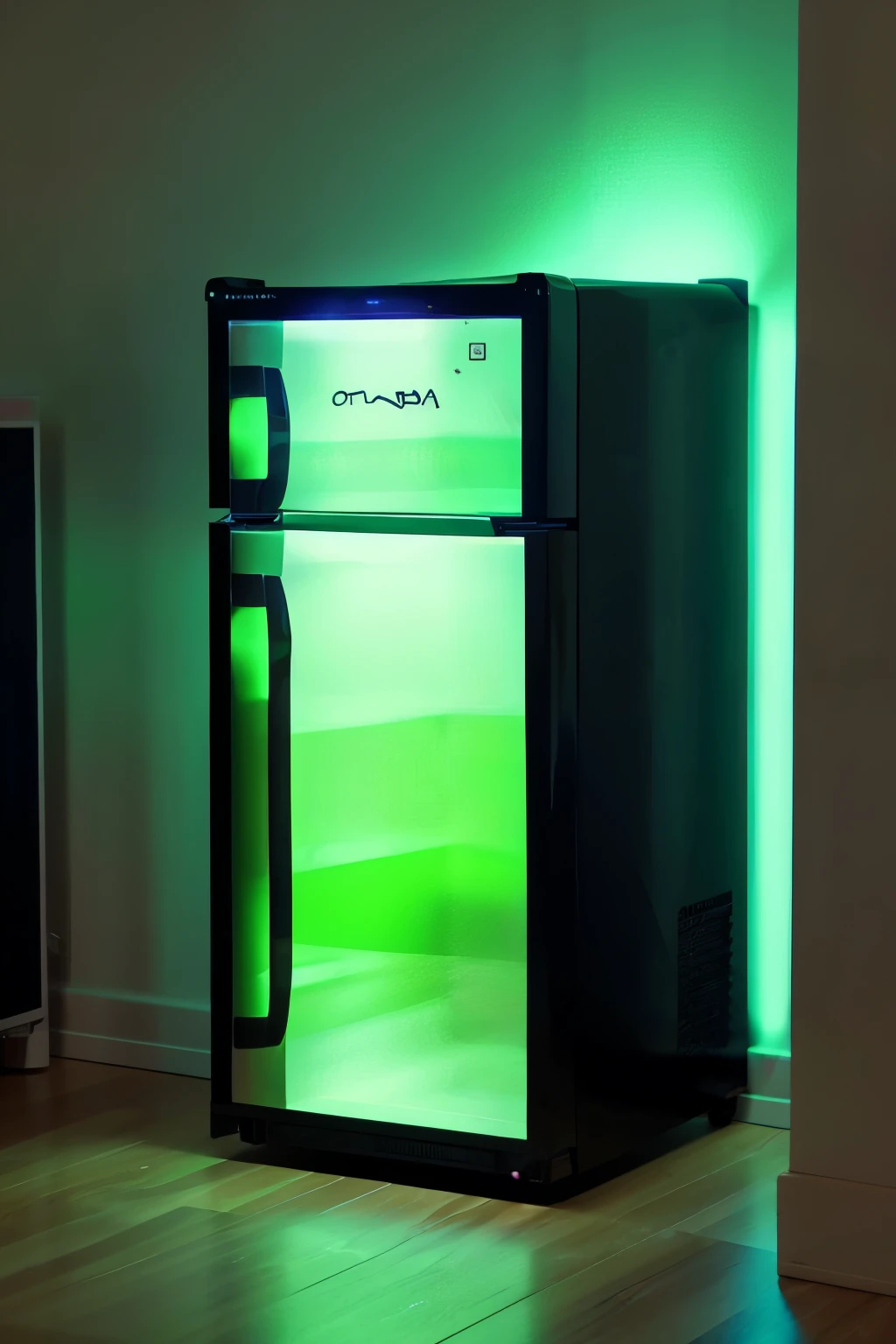 Room Interior Gaming Refrigerator Mini Fridge Glow in the Dark Black and Green Lots of Monena Green