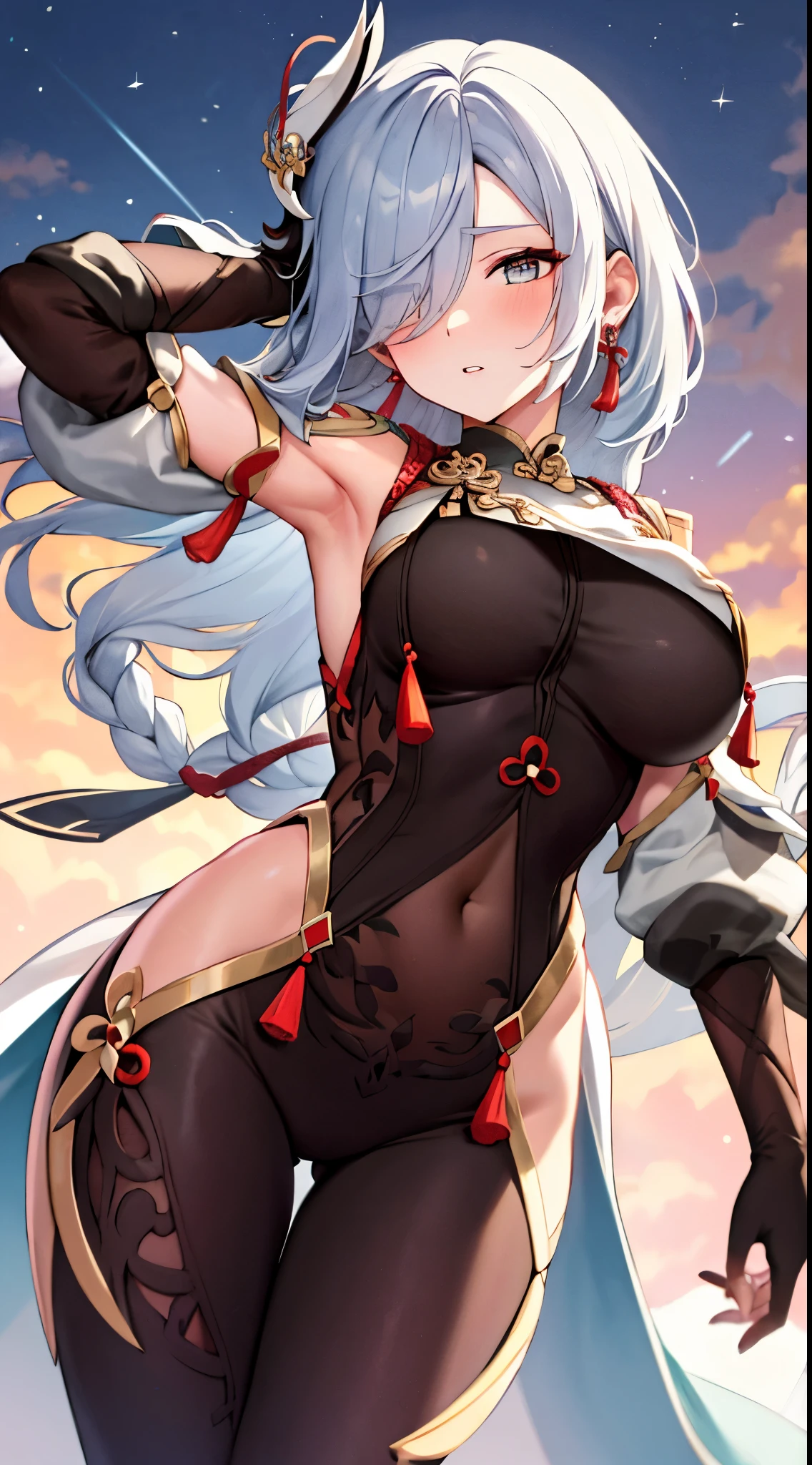 masterpiece, best quality, ShenheV4, 1girl, solo, blush, hair ornament, gloves, braid, hair over one eye, thighs, outdoors, parted lips, black gloves, elbow gloves, clothing cutout, bodysuit, night, feet out of frame, tassel, night sky, starry sky, gold trim, black bodysuit, hip vent, shoulder cutout, breast curtain, earrings, parted lips, thigh gap, tassel, big asuttock), (from above), (from below), from back, UnderButt