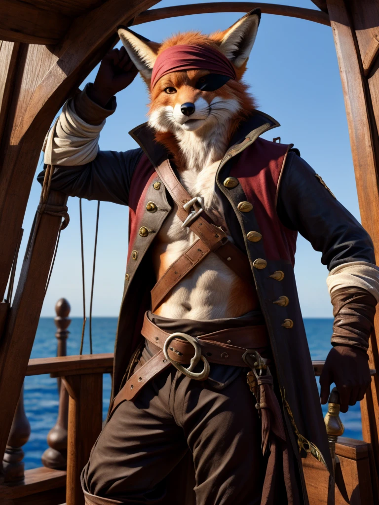 Fox pirate, WITHOUT 18+, standing on his ship, in pirate clothes, with hook, long fox tail, eye patch.