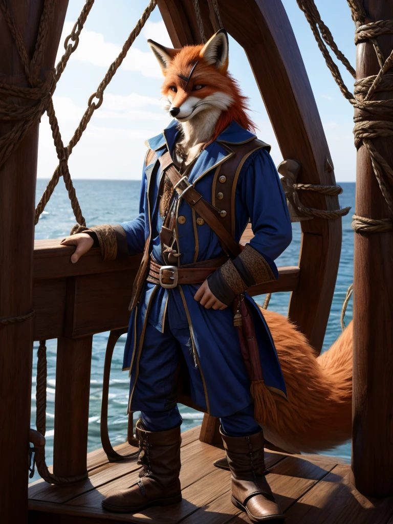 Fox pirate, WITHOUT 18+, standing on his ship, in pirate clothes, with hook, long fox tail, eye patch.