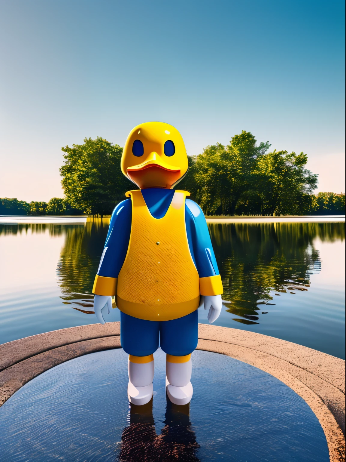 A human duck, at a pond, 8k