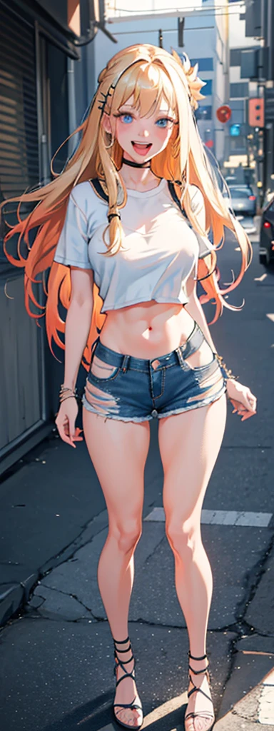 best quality,ultra-detailed,high resolution,extremely detailed cg,anime picture,unity 8k wallpaper,
blond hair,blue eyes,long hair,ripped shorts,white shirt,purse,navel,looking at viewer,hair ornament,smile,pov doorway,open mouth,denim,x hair ornament,cyberpunk,