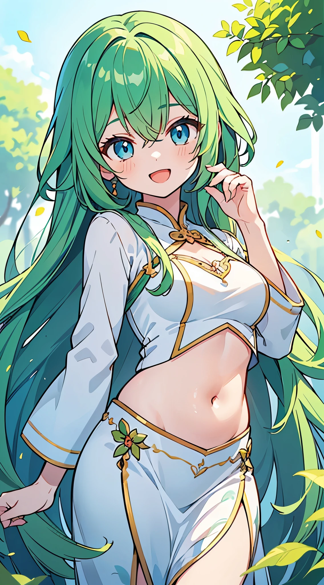 ((A Pretty girl with green hair and blue eyes)), wearing White Ao dai, Loli face, ((master piece, top-quality, ultra-definition, high resolution)), anime girl, ((ultra-detailed illust:1.2)), only one person, bangs, hair between eye, beautiful hair, Beautiful eyes, Medium breasts, belly button, Big smile, opened mouth, enjoying, outdoor
