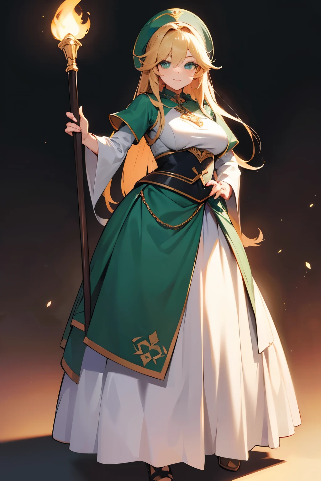 blonde hair, long hair, green eyes, smiling, healer, medium breasts, detailed, long skirt, dress, fantasy, facing viewer, standing straight, staff, standing forward, (((highres))),