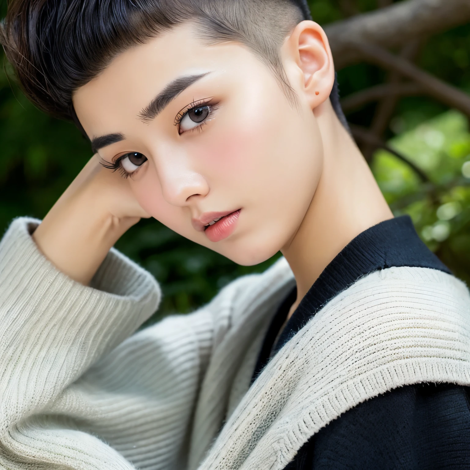 (((Woman Buzz Cut)))、very thick eyebrows、Very dense pubic hair、Black eyebrows、Japan Young Women
