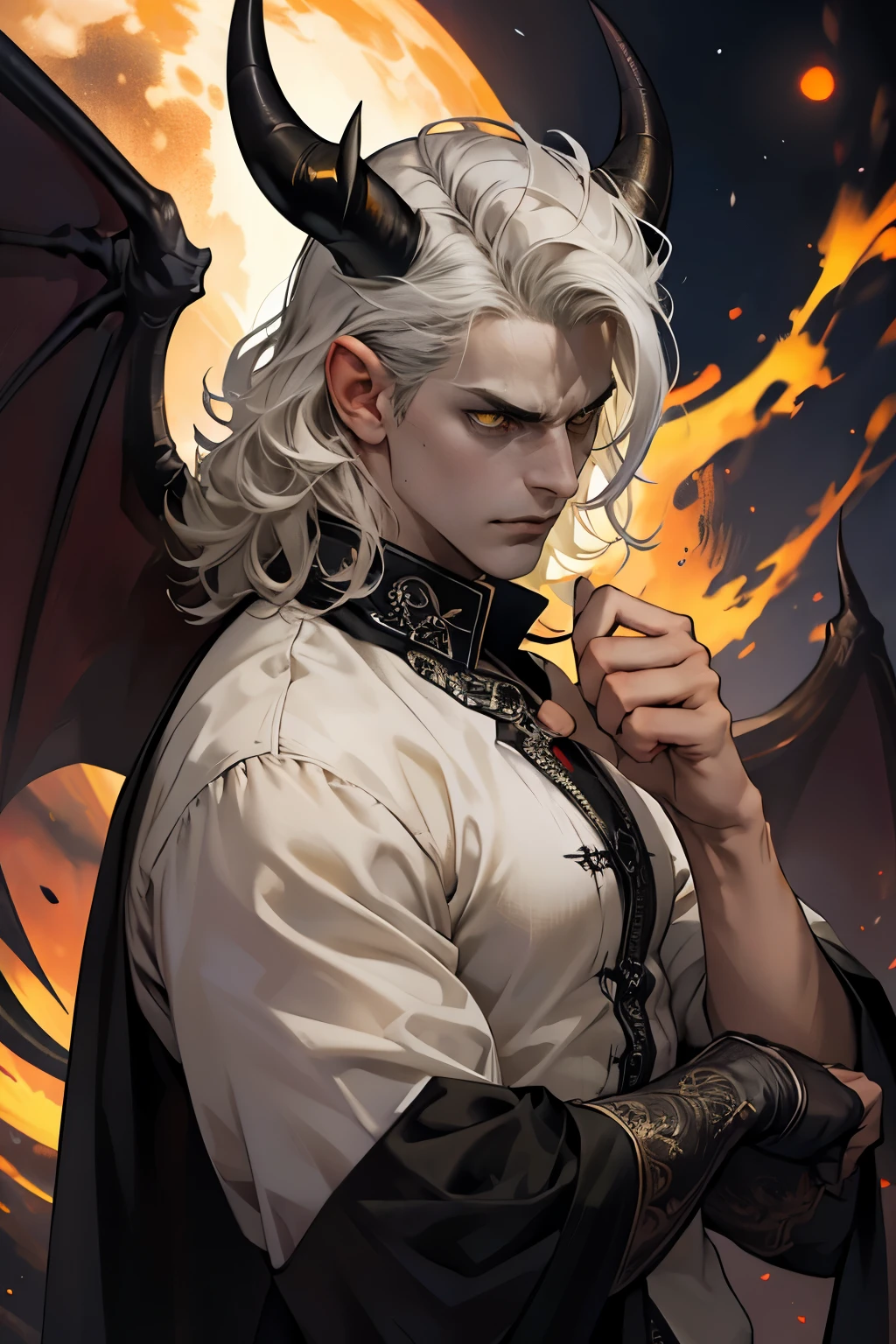 ((Best quality)), ((masterpiece)), 8k (detailed), ((perfect face)), perfect proporcions, ((halfbody)) he is a sorcerer, he is 30 years old, he dresses in a wizard's robe, gothic style, he has red eyes, he has long wavy white hair, he is in a witcher's hut, he is strong and muscular, he has the bare torso, he is a demon ((perfect face)) sexy male, gothic make up ((fullfbody)) white hair, he has demon wings, he has black horns, horns, demon, dominant, man face, ((perfect eyes)) red eyes, fire in the eyes, 