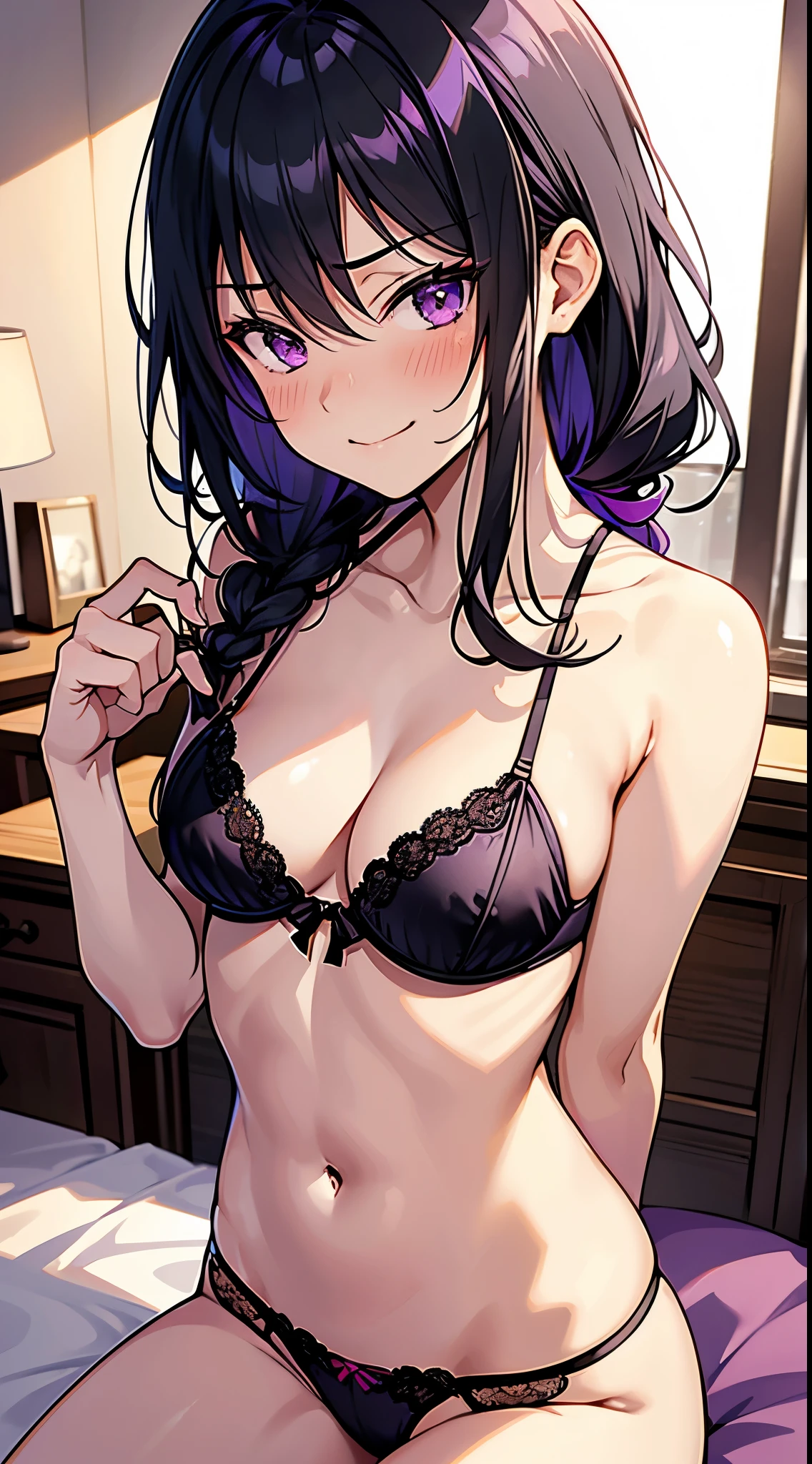[[[masterpiece, ultra-detailed, best quality,]]] close-up shot, black hair, tied-up hair, purple eyes, necromancer, wooden bedroom, bed, violet bra, thong, slim body, smirking, blushing, dynamic angle