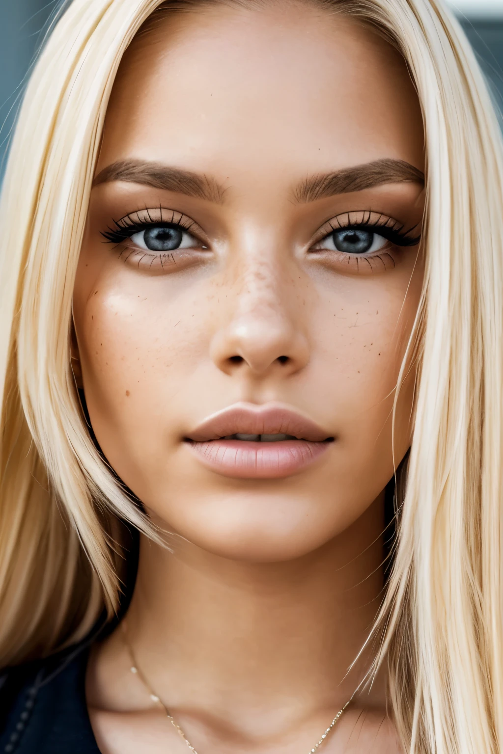 (close-up editorial front photo of 25 yo woman, blonde hair, slim latinas sweetheart), (freckles:0.9), (full lips) close, (yelloreen) eyes, POV, realistic[:, (film grain, 25mm, f/1.2, dof, bokeh, beautiful symmetrical face, perfect sparkling eyes, well defined pupils, high contrast eyes, ultra detailed skin, skin pores, vellus hair, fabric stitching, fabric texture, wood grain, stone texture, finely detailed features:1):0.9]