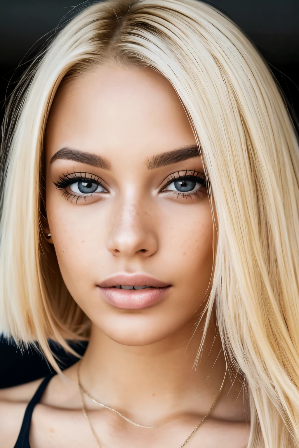 (close-up editorial front photo of 25 yo woman, blonde hair, slim latinas sweetheart), (freckles:0.9), (full lips) close, (yelloreen) eyes, POV, realistic[:, (film grain, 25mm, f/1.2, dof, bokeh, beautiful symmetrical face, perfect sparkling eyes, well defined pupils, high contrast eyes, ultra detailed skin, skin pores, vellus hair, fabric stitching, fabric texture, wood grain, stone texture, finely detailed features:1):0.9]