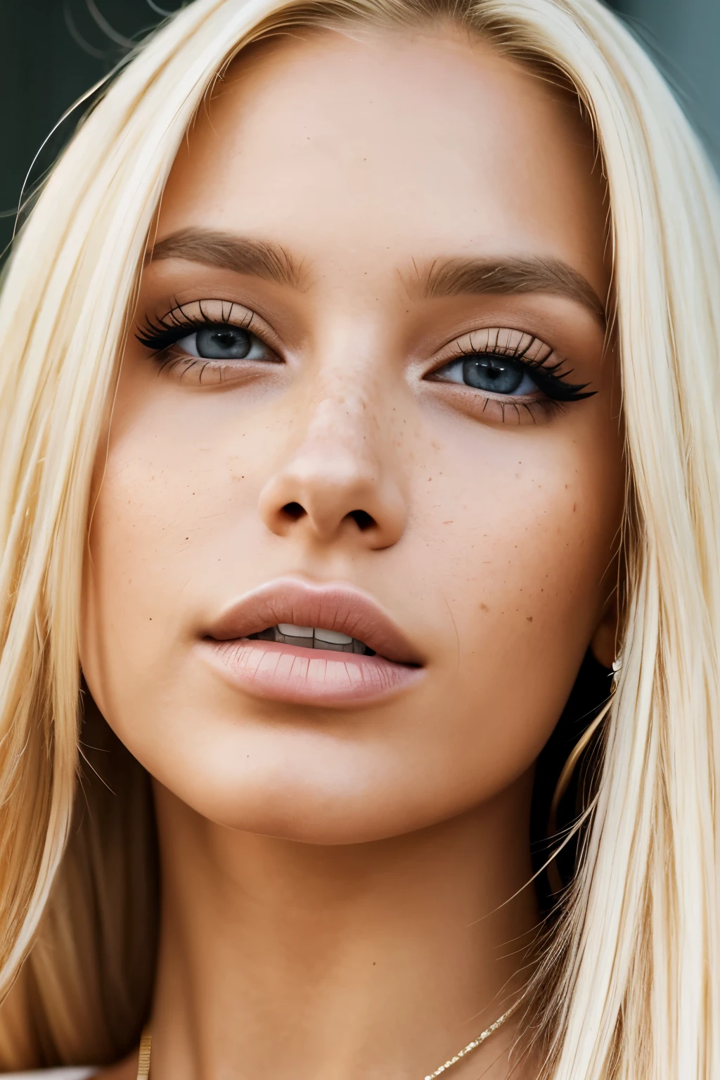 (close-up editorial front photo of 25 yo woman, blonde hair, slim latinas sweetheart), (freckles:0.9), (full lips) close, (yelloreen) eyes, POV, realistic[:, (film grain, 25mm, f/1.2, dof, bokeh, beautiful symmetrical face, perfect sparkling eyes, well defined pupils, high contrast eyes, ultra detailed skin, skin pores, vellus hair, fabric stitching, fabric texture, wood grain, stone texture, finely detailed features:1):0.9]