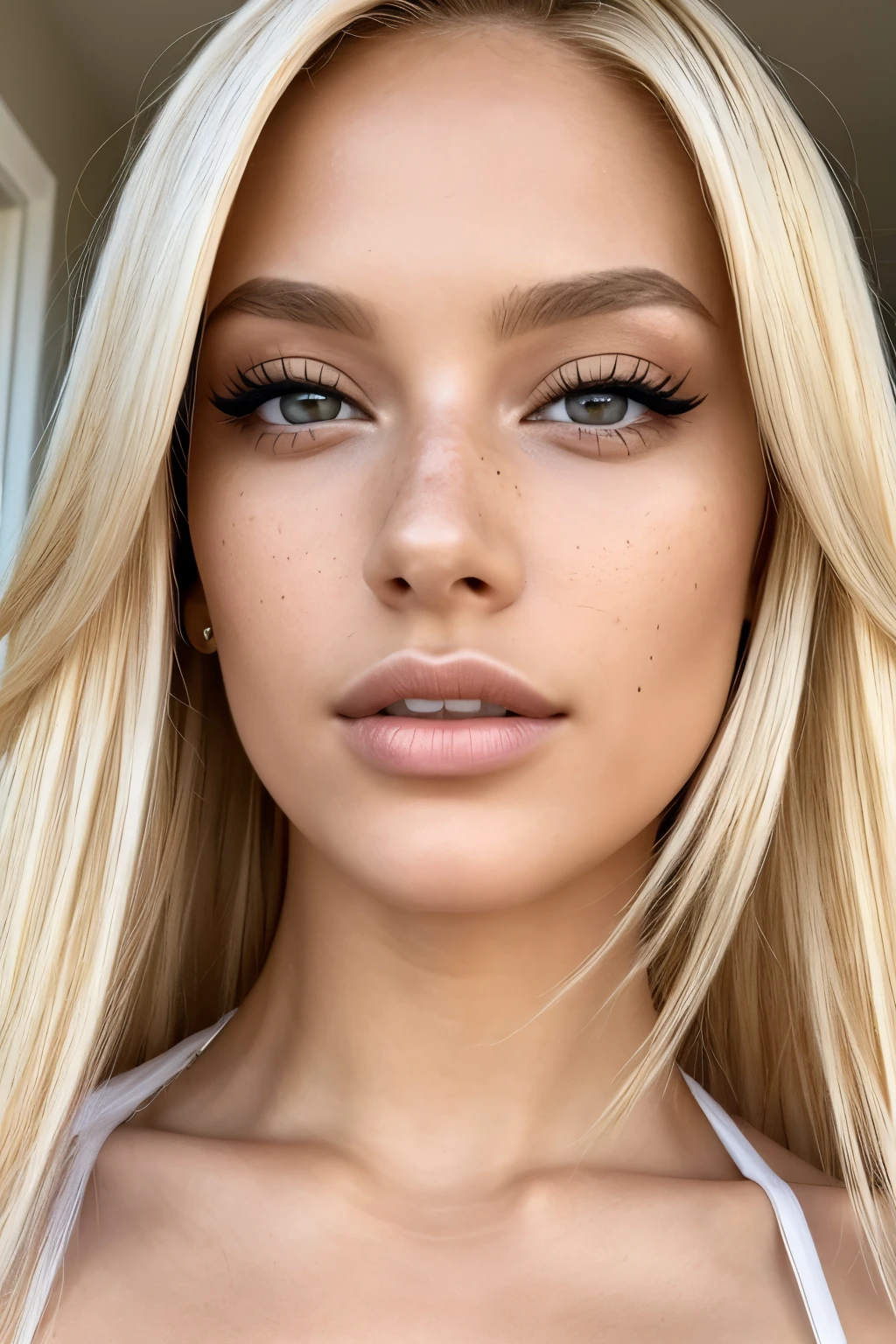 (close-up editorial front photo of 25 yo woman, blonde hair, slim latinas sweetheart), (freckles:0.9), (full lips) close, (yelloreen) eyes, POV, realistic[:, (film grain, 25mm, f/1.2, dof, bokeh, beautiful symmetrical face, perfect sparkling eyes, well defined pupils, high contrast eyes, ultra detailed skin, skin pores, vellus hair, fabric stitching, fabric texture, wood grain, stone texture, finely detailed features:1):0.9]