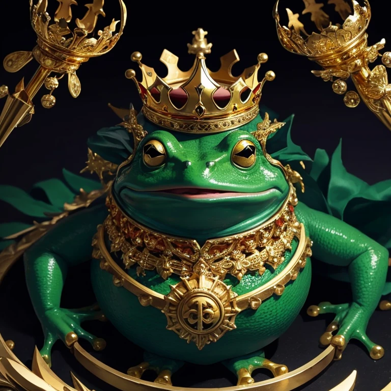 Frog king, crown, scepter, gold background, proud, majestic, strong, worthy, dark, large, happy, angry