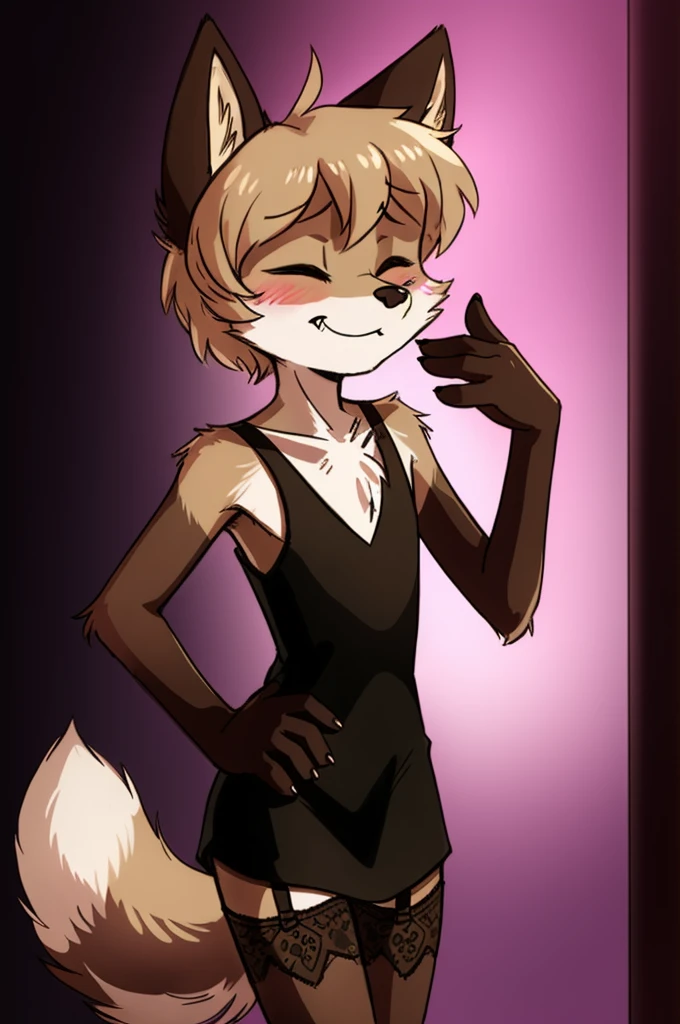 solo, wolf, male, slender, ((twink)), detailed, uploaded to e621, beautiful and detailed portrait of an anthropomorphic boy, short hair, swaybat, (((male))), kenket, uploaded to e621, (see-through lace bodycon dress), night club, blushing, happy, eyes closed, nervous pose, garter, fluffy tail