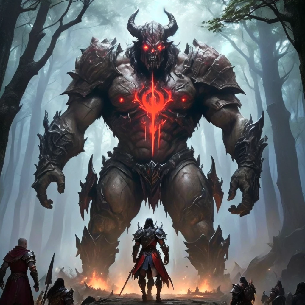 un grupo de personas paradas frente a un monstruo gigante en el bosque, Diablo digital concept art, Diablo concept art, Diablo 4, epic fantasy game art, 4K fantasy art, epic rpg artwork, Diablo 4 queen, Diablo, Diablo-3, Diablo - 3, by Tadeusz Pruszkówski, Arte conceptual de Doom Eternal, demon lord