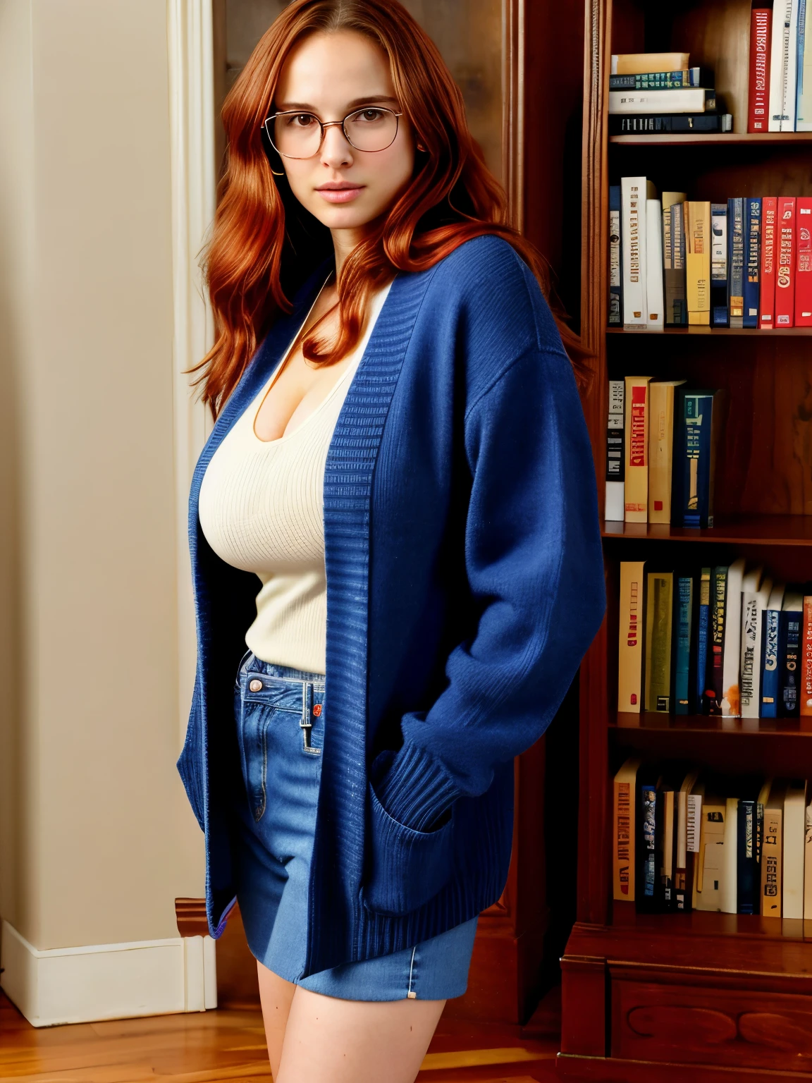 Natalie Portman as a busty college girl, (oppai proportion:1.1), (reddish hair:1.1), (long hair:1.3), big wavy hair, glasses, tight blouse tucked into denim jeans under a baggy cardigan, loafers, bookshelves, hardwood floors, (huge massive gigantic sagging breasts:1.3), (top heavy:1.1), tall and lanky, standing, [[cleavage]]