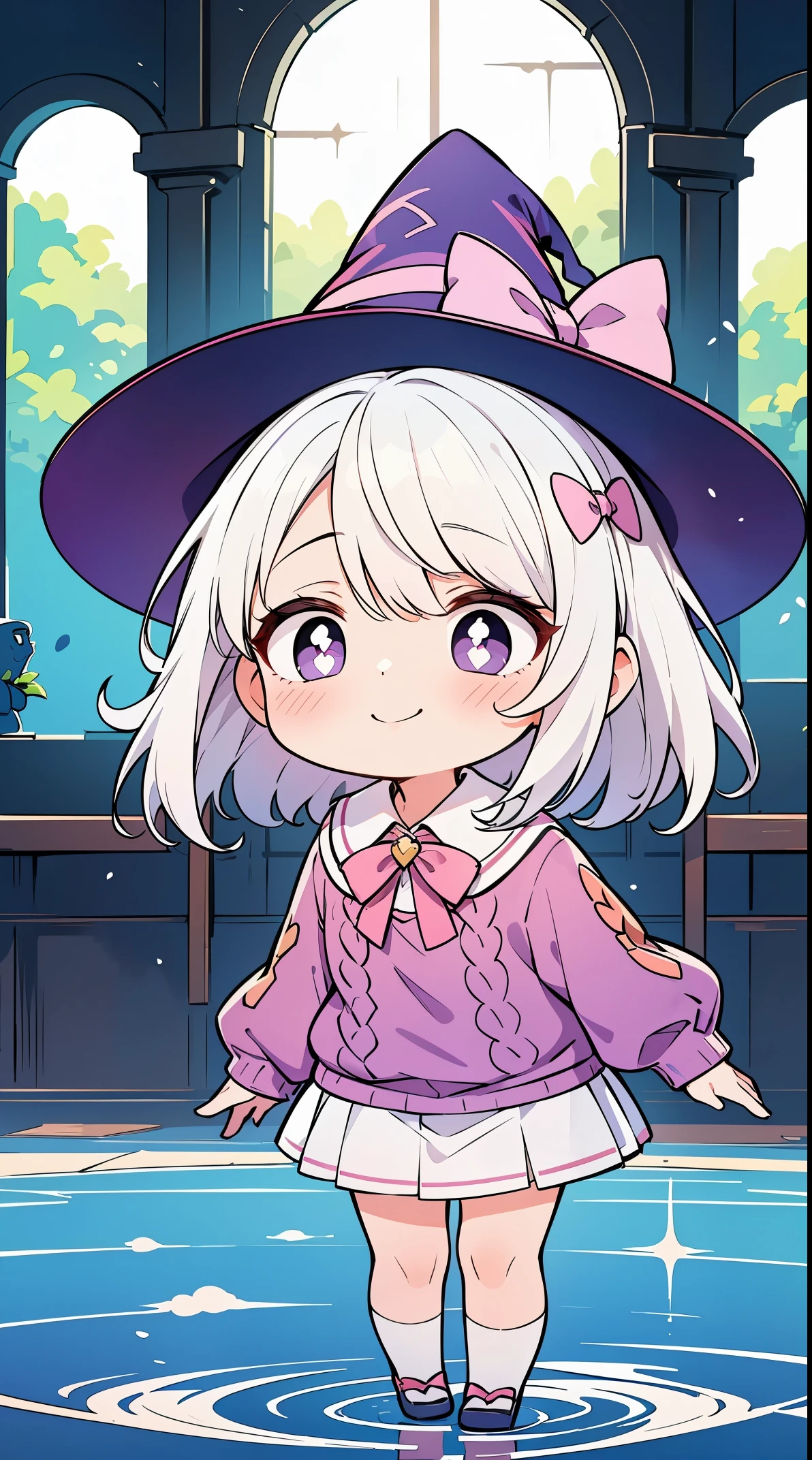 1girl, full body, (purple aran sweater,big black witch hat),(sun glare,god light,ray tracing), (((white hair in highlight pink,short hair,half bangs,purple bow on head))),big perfect watery eyes, character design,((pink pupils)),cute anime face, kawaii , stylized anime, anime moe artstyle, detailed face,8k,HD,little shy smile,cheery blush face,neat face, (Masterpiece,Best quality)
