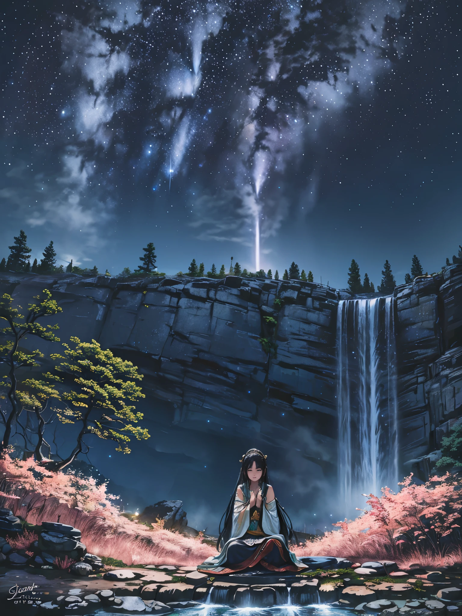 Garota japonesa, using oriental trages doing meditation at the top of a waterfall. Starry sky in the background. Photo taken from a distance, panoramic image.