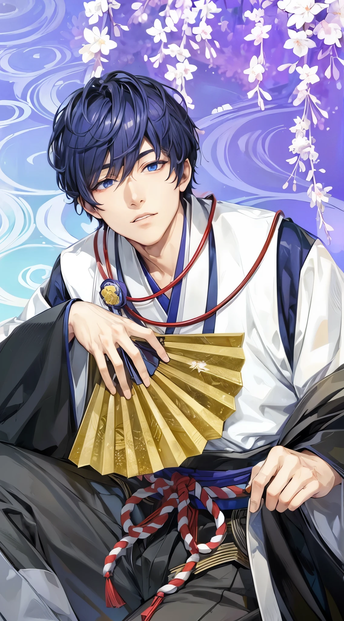 Man in a hakama、handsome anime guy、Cool face、blue eyess、Have a fan、Very detailed CG Unity 8K wallpaper, (Super masterpiece, Beautiful person, well detailed face contaminated.Photorealistic, hyper realisitic),Wisteria flowers、jpn