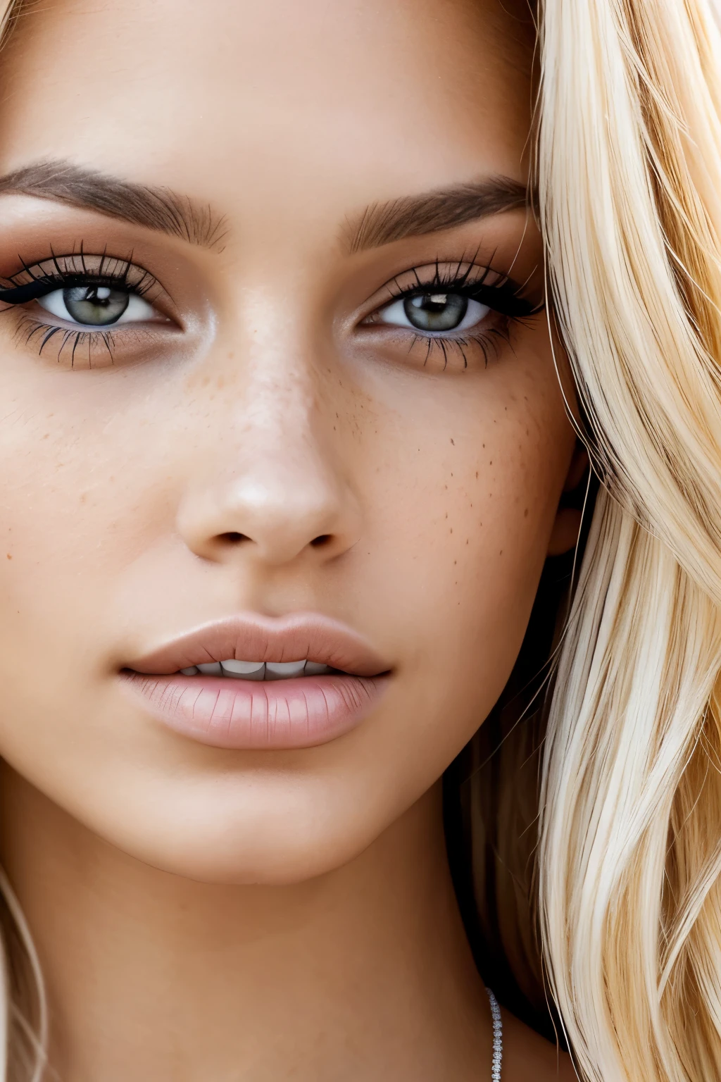 (close-up editorial front photo of 25 yo woman, blonde hair, slim latinas sweetheart), (freckles:0.9), (full lips) close, (yelloreen) eyes, POV, realistic[:, (film grain, 25mm, f/1.2, dof, bokeh, beautiful symmetrical face, perfect sparkling eyes, well defined pupils, high contrast eyes, ultra detailed skin, skin pores, vellus hair, fabric stitching, fabric texture, wood grain, stone texture, finely detailed features:1):0.9]