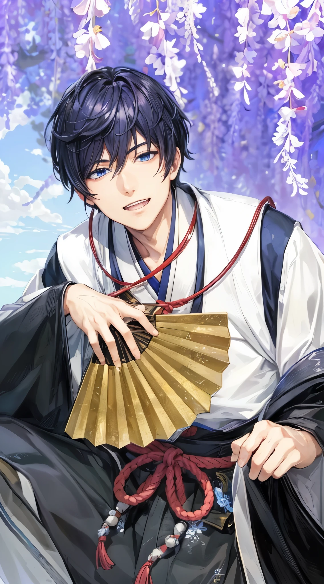 Man in a hakama、handsome anime guy、Cool face、blue eyess、Have a fan、Very detailed CG Unity 8K wallpaper, (Super masterpiece, Beautiful person, well detailed face contaminated.Photorealistic, hyper realisitic),Wisteria flowers、jpn