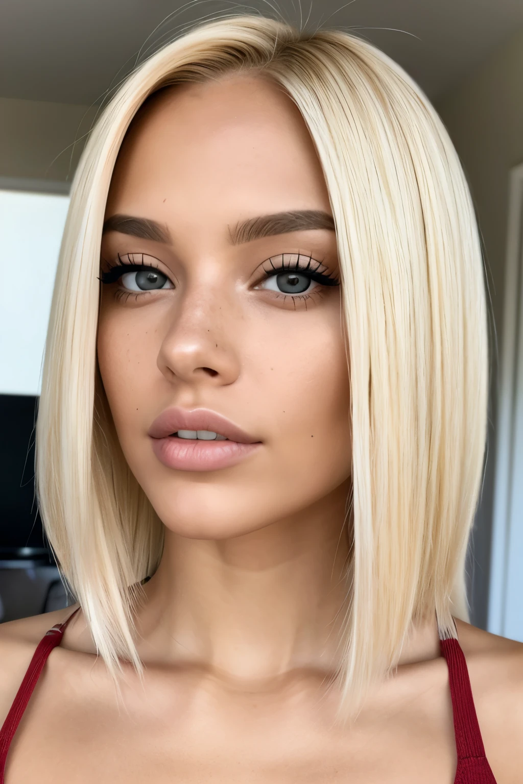 (close-up editorial front photo of 25 yo woman, blonde hair, slim latinas sweetheart), (freckles:0.9), (full lips) close, (yelloreen) eyes, POV, realistic[:, (film grain, 25mm, f/1.2, dof, bokeh, beautiful symmetrical face, perfect sparkling eyes, well defined pupils, high contrast eyes, ultra detailed skin, skin pores, vellus hair, fabric stitching, fabric texture, wood grain, stone texture, finely detailed features:1):0.9]