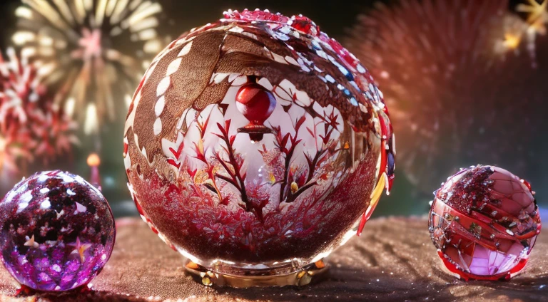(best quality,4k,8k,highres,masterpiece:1.2),ultra-detailed,(realistic,photorealistic,photo-realistic:1.37), (Brown and red bird sitting on) , (realistic:1.5), (Three-dimensional fireworks trapped in a crystal ball with a pedestal on a table:1.7), New Years background, Add a Happy New birthday letter