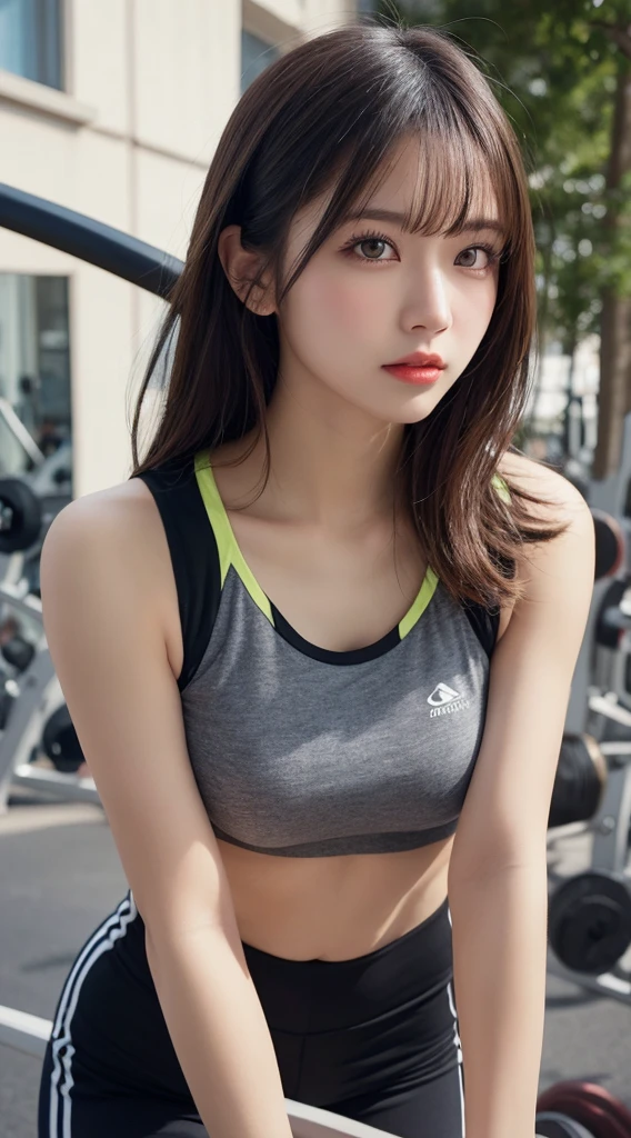 30 year old Japanese female, (Photo studio:1.4), (long hair:1.4), Brown hair with highlights, smile, random pose, (bikini:1.4), (masterpiece, high quality, 最high quality:1.photorealism:1.3), (dynamic shadow, dynamic lighting:1.2), (natural skin texture:1.5), (natural lip, lip details:1.3), (natural shadow, detailed shadow:1.5), (hyper realism, soft light, sharp), (HDR, very detailed:1), (intricate details:0.8), fine eyes, thin hair, fine skin, 8K, (cinematic look:1.4), insane details, intricate details, very detailed, low contrast, soft light like a movie, exposure blend, HDR, faded, Slate gray atmosphere, (All the details),bust becomes smaller、(Pale green long sleeve yoga wear、I'm at the gym、power rack、dumbbell、sports shoes、)