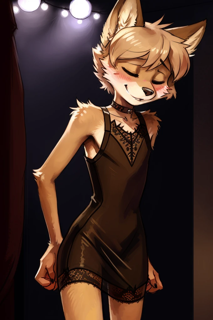 solo, wolf, male, slender, ((twink)), detailed, uploaded to e621, beautiful and detailed portrait of an anthropomorphic boy, short hair, swaybat, (((male))), kenket, uploaded to e621, (see-through lace bodycon dress), night club, blushing, happy, eyes closed, nervous pose, garter