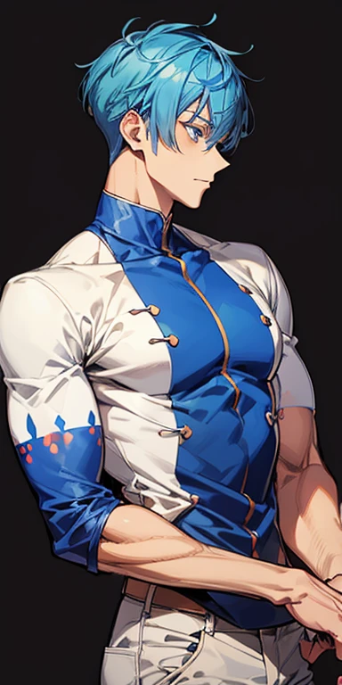 ((masutepiece)), ((Best Quality)), ((anime profile style)), ((Brown skin)), ((blue eyes)), ((Blue hair))、Handsome man , Green hair , ((Berry Berry Shorthair、No bangs)), , Blue eyes , ((muscular:1)),masculine、Tall