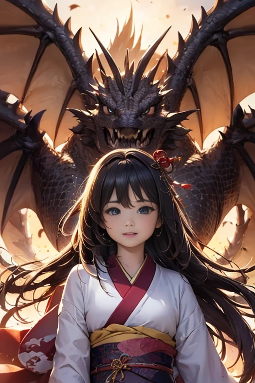 High quality, girl in red kimono, flowing hair, long hair, white hair, small nose, wind is blowing, girl facing front, large clear eyes, slightly upturned, arched eyebrows, nose small and barely noticeable, Caucasian face, small nose, smiling, one Chinese dragon, dragon is huge and long in the air, so it stands out, drawn large, flying but without wings, dragon is very powerful, white dragon, dragon looking at girl on side, woman in gorgeous kimono in front of dragon