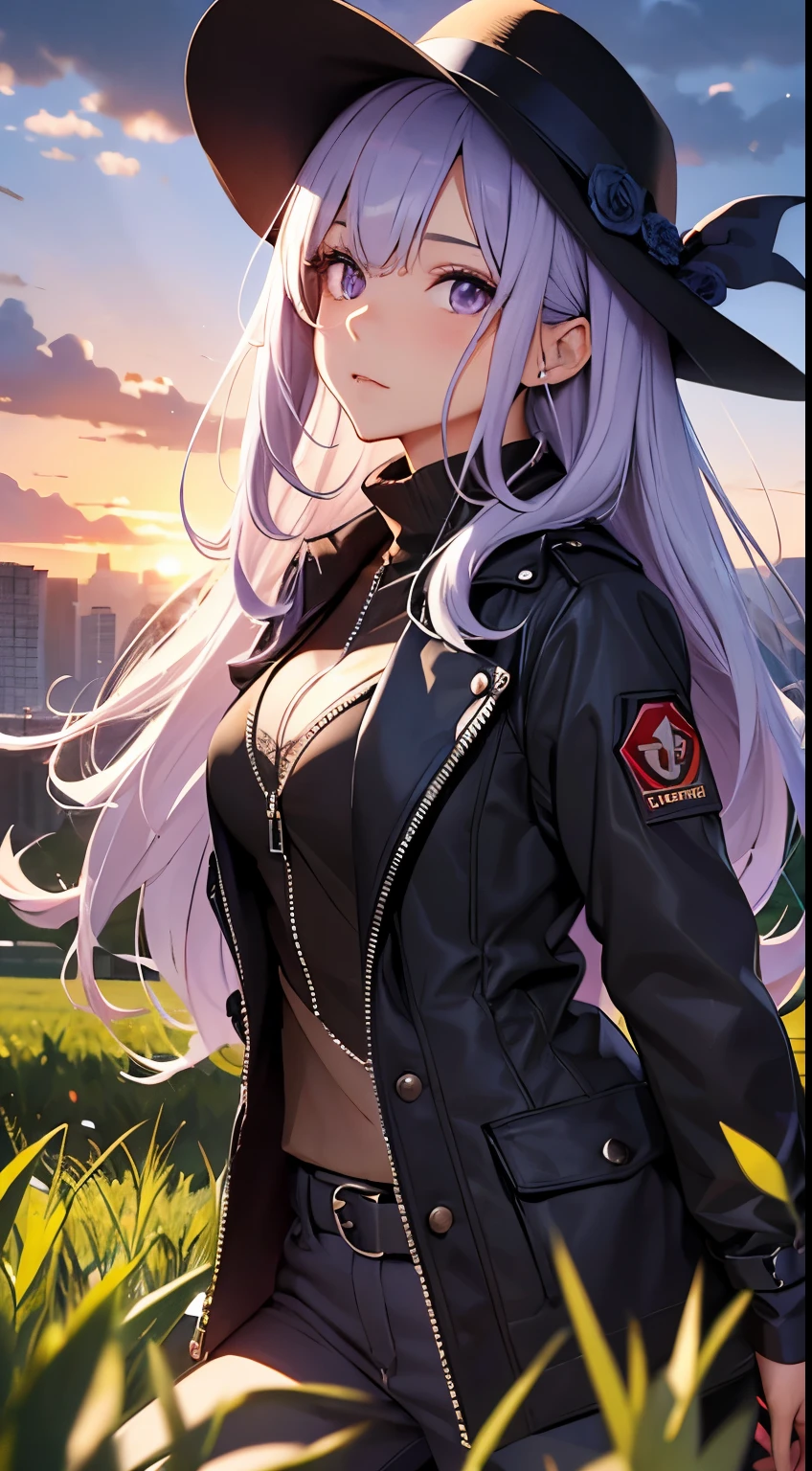 grass field，the sunset，Long purple hair，Purple eye，long coat of black color，8K分辨率，Black pantsuit，Black Martin bootlack glove