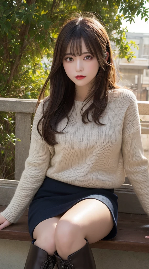 masutepiece, Best Quality, Illustration, Ultra-detailed, finely detail, hight resolution, 8K Wallpaper, Perfect dynamic composition, Beautiful detailed eyes,, Natural Color Lip,knit、Sweaters、flered skirt、at a little distance、full bodyesbian、boots