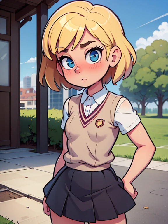 Modest, shy, infinitely sweet and pretty, athletic, strong, pumped-up girl of 17 years, blonde with short hair, with small neat firm breasts, with prominent muscles, in a strict school uniform with a long black skirt to the shin, full-length, maximum detail, absolute photorealism