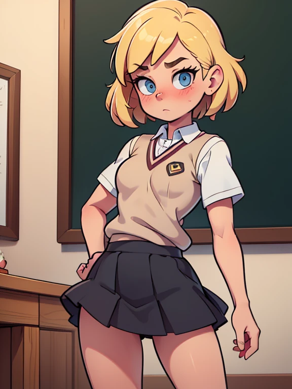 Modest, shy, infinitely sweet and pretty, athletic, strong, pumped-up girl of 17 years, blonde with short hair, with small neat firm breasts, with prominent muscles, in a strict school uniform with a long black skirt to the shin, full-length, maximum detail, absolute photorealism