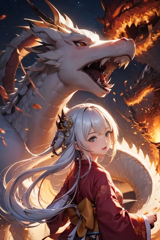 High quality, girl in red kimono, flowing hair, long hair, white hair, small nose, wind is blowing, girl facing front, large clear eyes, slightly upturned, arched eyebrows, nose small and barely noticeable, Caucasian face, small nose, smiling, one Chinese dragon, dragon is huge and long in the air, so it stands out, drawn large, flying but without wings, dragon is very powerful, white dragon, dragon looking at girl on side, woman in gorgeous kimono in front of dragon