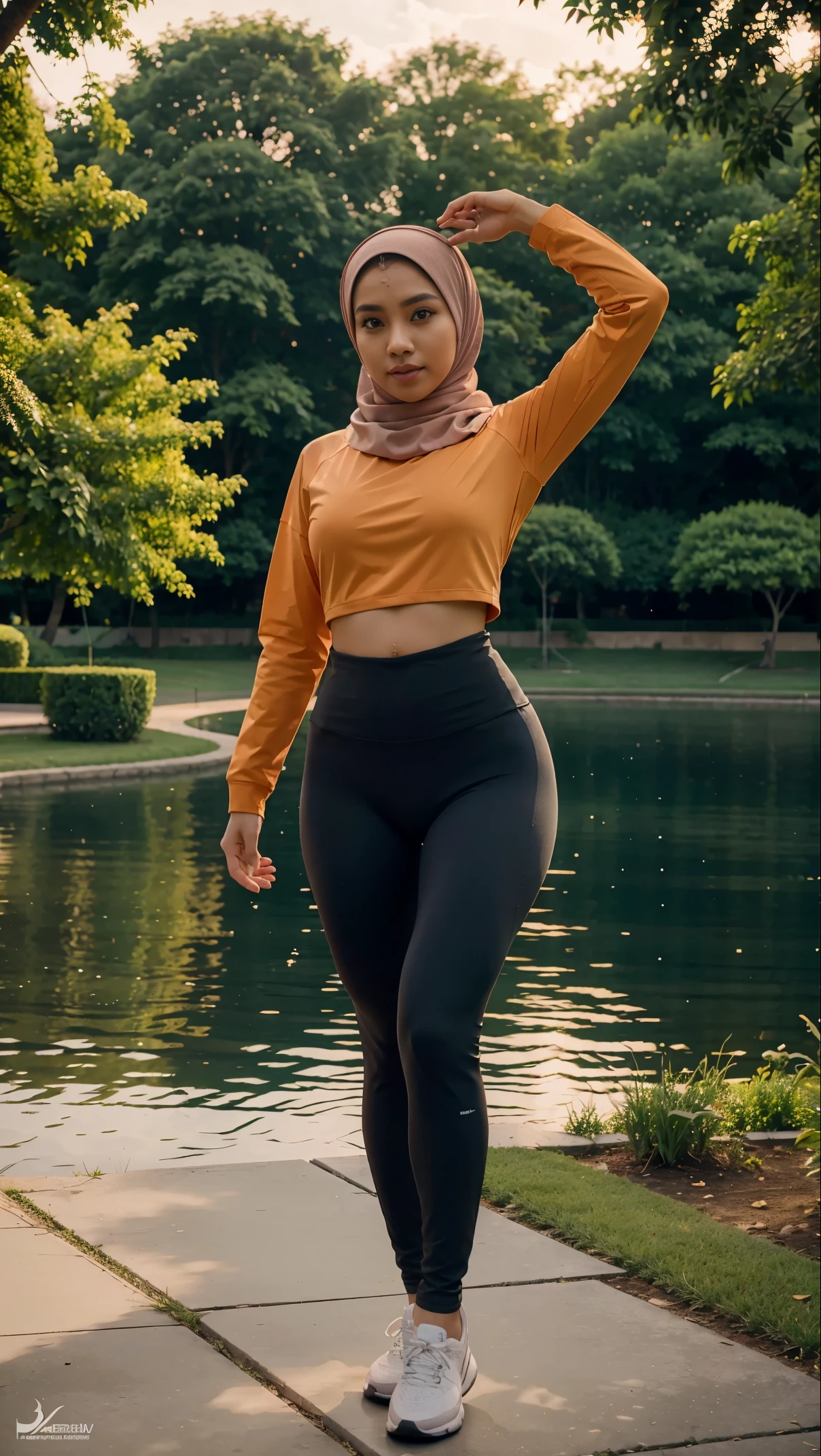 malay beauty girl malay beauty face wear hijab. wearing tight sports clothes,tight leggings.freestyle pose.evening view.lake garden.real footage.hyper realistic.8k hd photo