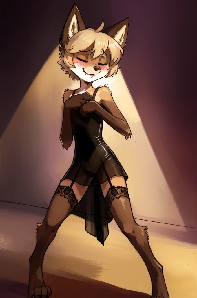 solo, wolf, male, slender, ((twink)), detailed, uploaded to e621, beautiful and detailed portrait of an anthropomorphic boy, short hair, swaybat, (((male))), kenket, uploaded to e621, digitigrade legs, (see-through lace bodycon dress), night club, blushing, happy, eyes closed, nervous pose, garter