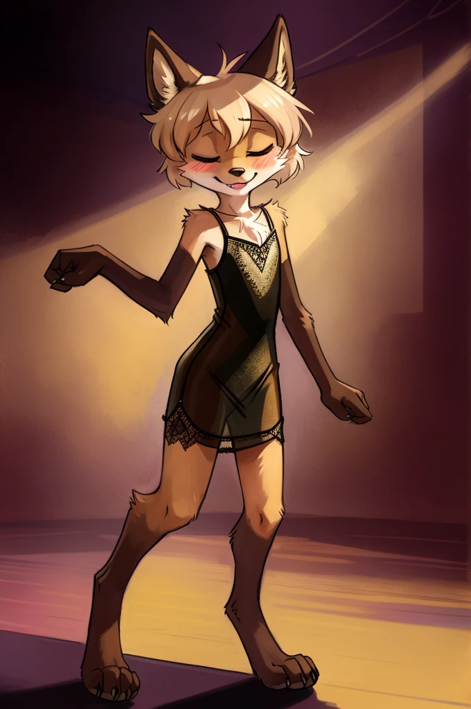 solo, wolf, male, slender, ((twink)), detailed, uploaded to e621, beautiful and detailed portrait of an anthropomorphic boy, short hair, swaybat, (((male))), kenket, uploaded to e621, digitigrade legs, (see-through lace bodycon dress), night club, blushing, happy, eyes closed, nervous pose, garter