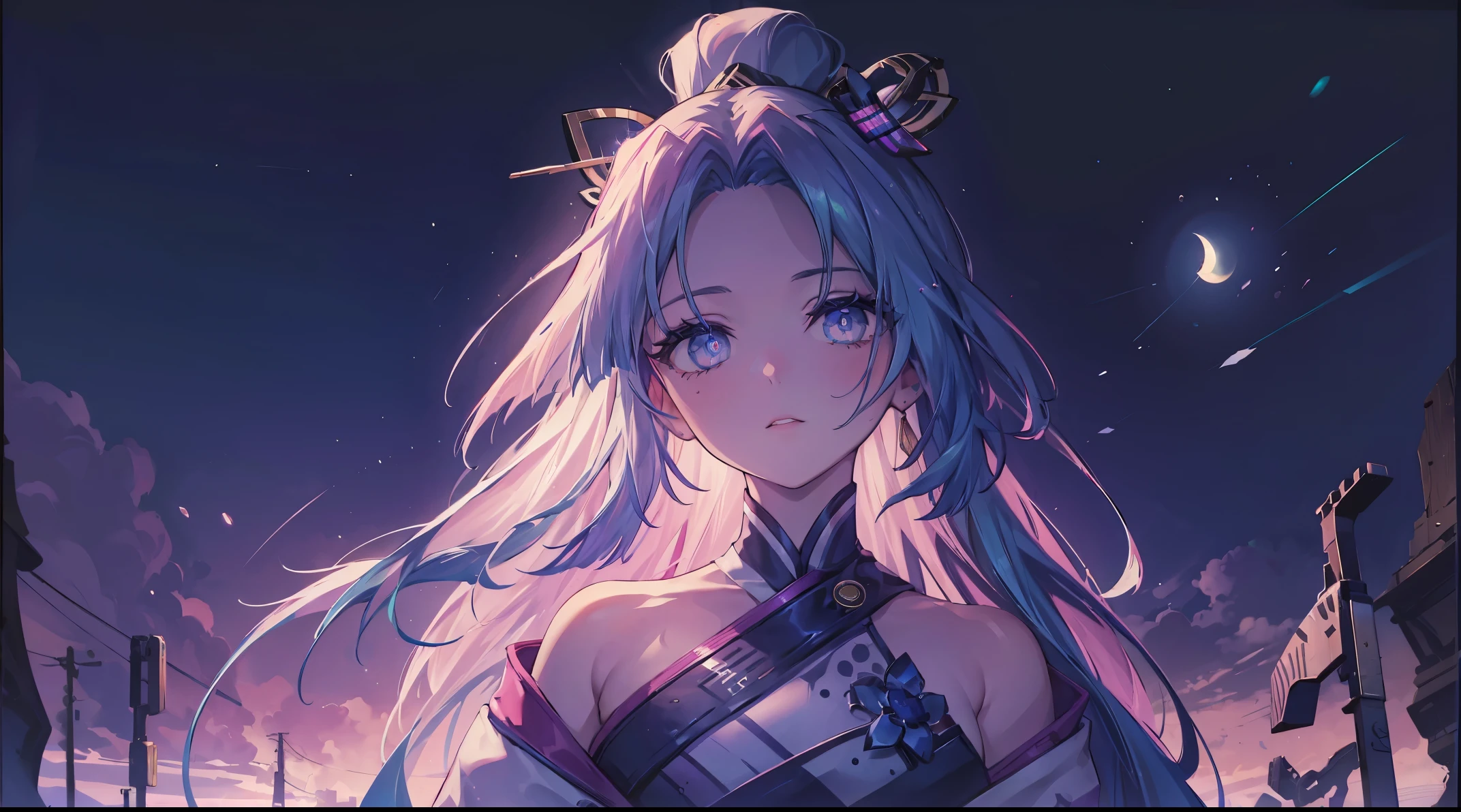 one girls, neon eyes, Moon In Background, 8K quality, Best Quality, hairlong, a beautiful background, 1920x1080 resolution,