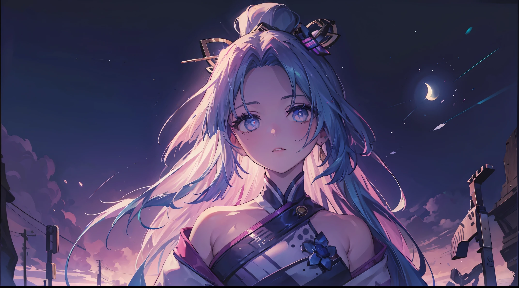 one girls, neon eyes, Moon In Background, 8K quality, Best Quality, hairlong, a beautiful background, 1920x1080 resolution,