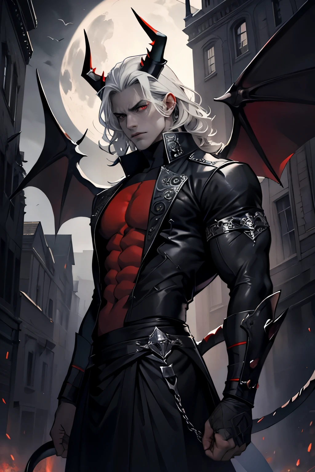 1 boy, Perfect male body, demon, Frown, night. A devil with horns and curls that grow out of his forehead, red eyes, Devil's Tail, Gray skin color, wings, Horror subject, Dark Fantasy, Depth of field, non-human, Finely detailed, Ultra-detailed,Eyes looking into the camera, city night view, Half-length photo