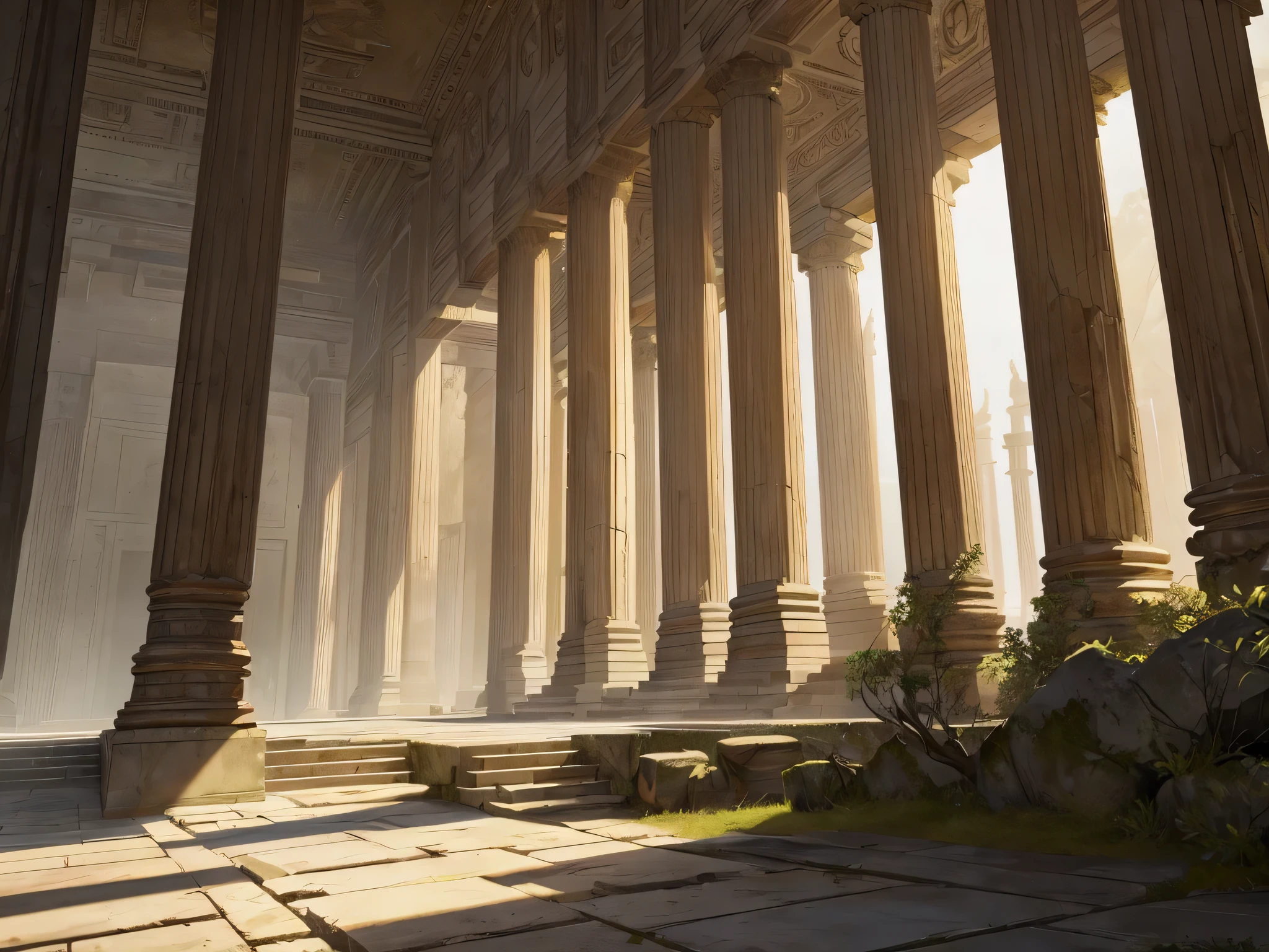 Ancient temple background for front view battle scene in RPG game. Temples should feature classical architecture, There is a towering pillar, Intricate stone carvings, and ancient runes. The atmosphere must be mysterious and awe-inspiring, Slightly decayed to show age. Include elements like overgrown vines, weathered statue, Ambient lighting creates a sense of mystery and grandeur. The color palette is、to emphasize the once majestic nature of the temple、Must be rustic with touches of gold or other regal colors.