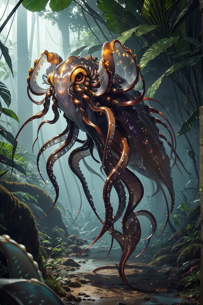 predator creature like with ((six legs)) creature with transparent and lighting body, walking on all six legs, (((cuttlefish head))), ((four eyes)),jellyfish transparent body, six leghs, in the jungle, jungle, rain forest, high image quality, realistic look, high-resolution photography, 8K, full-frame matrix, deep shadows, ((one character)), (intricate details, subsurface scattering, hyperdetailed:1.15), (hyperrealism, volumetric lighting, sharp:1.5) Fujifilm XT3