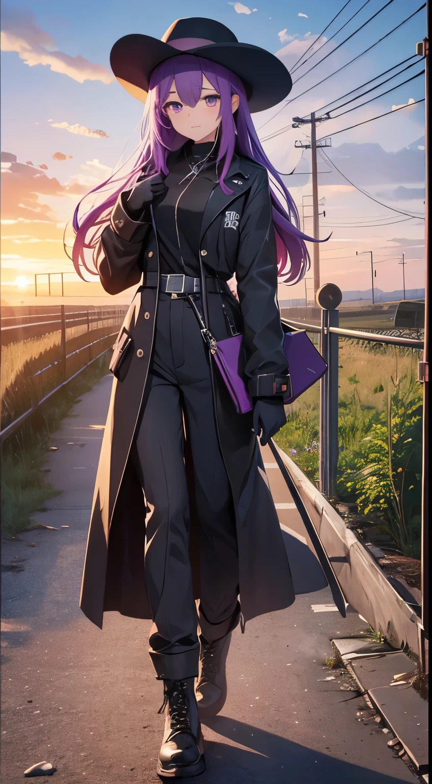 grass field，the sunset，Long purple hair，Purple eye，long coat of black color，8K分辨率，Black pantsuit，Black Martin bootlack glove