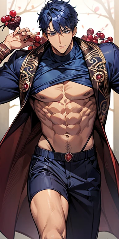 ((masutepiece)), ((Best Quality)), ((Brown skin)), ((dark blue eyes)), ((Dark blue hair))、Handsome man , ((berry berry short hair)), ((well-muscled:1)),masculine、Tall、A sexy、Adult man、Sanpaku eyes