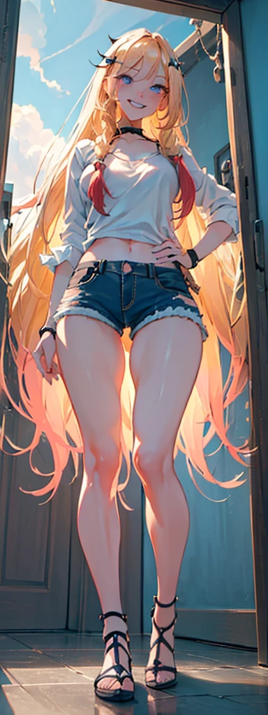 ((full pose:1.4)), ((sky from below:1.4)), best quality,ultra-detailed,high resolution,extremely detailed cg,anime picture,unity 8k wallpaper,
blond hair,blue eyes,long hair,ripped shorts,white shirt,purse,navel,looking at viewer,hair ornament, (seductive smile:1.4)), ,pov doorway,denim,x hair ornament,cyberpunk,