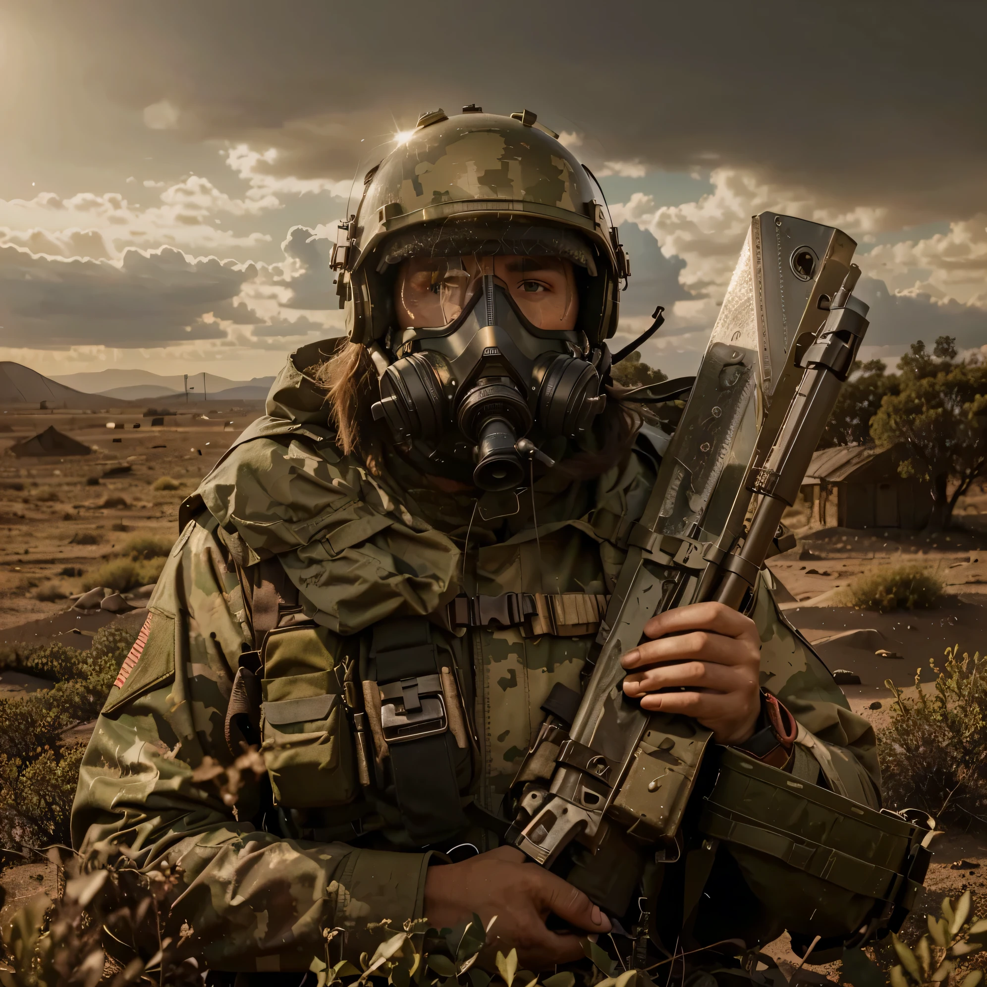 Soldado masculino, tactical gas mask with tubes, Soviet style military uniform in light brown color., chaleco antibalas, casco militar metalico, Harnesses and belts with ammunition, manos con guantes de cuero negro, lleva un rifle de asalto pesado y avanzado, he is in the australian desert , cielo rojo, Fuego y mucho humo, 4k, Ultra detallado image, realista, Altamente detallado, perfect composition, splendid, Intrincadamente detallado, Incredibly detailed, 8 k artistic photography, hiper detallado, Obra maestra, Ultra detallado, hyper realista, 4k , Ultra detallado image, realista, Altamente detallado, perfect composition, splendid, Intrincadamente detallado, Incredibly detailed, 8K fine art photography, hiper detallado, Obra maestra