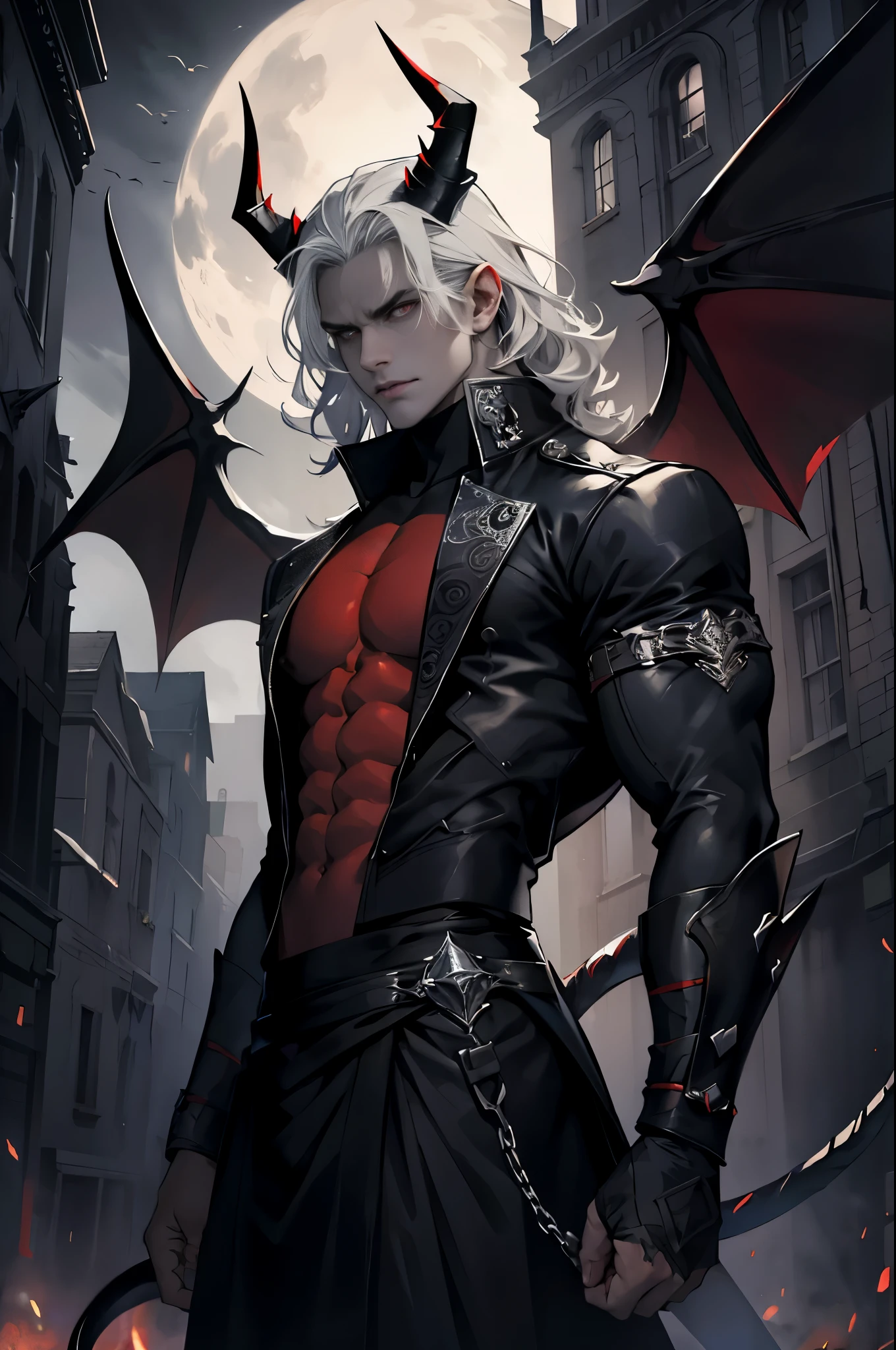 1boy, perfect male body, red purple eyes,delicate face, dynamicpose, (Evil smile, grin, tongue sticking out), masutepiece, High quality, Best Quality, ultra-detailliert, incubus, Short sliver hair, pink eyes, pale skin, black boots, Boy in Gothic costume,(piercingishnet stockings, gothic print, black leather garter belt, Multiple leather straps, Multiple iron chains mounted on a ring), Shorts, ((Devil Wings, Tail and horns)), Highly detailed fine art, Detailed Metal Jewelry, dramatic compositions, Cinematic lighting, Ray tracing, dramatic shadows